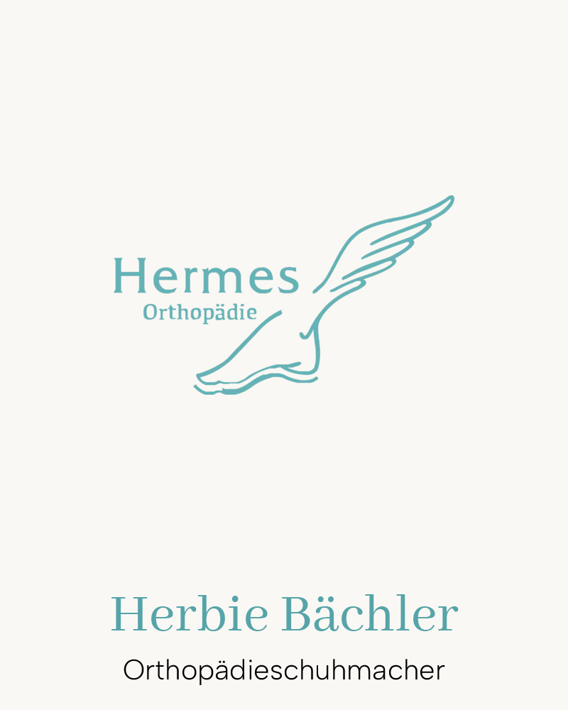 Hermes Orthopädie Logo mit geflügeltem Fuß – Herbie Bächler, Orthopädieschuhmacher