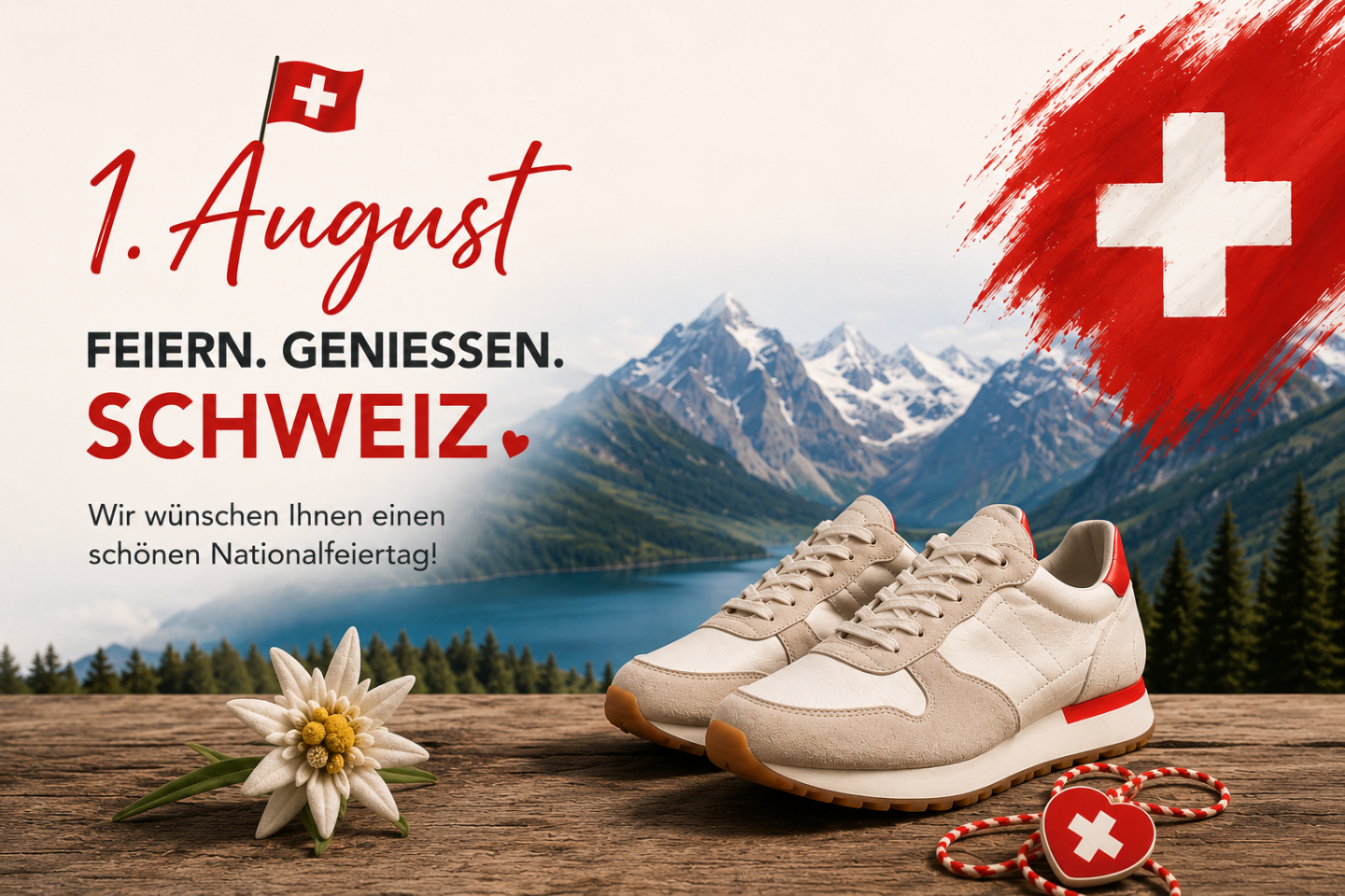 Schweizer Nationalfeiertag 1. August: Alpenpanorama am See mit Edelweiss, Sneakers und Schweizer Kreuz in Rot-Weiss.