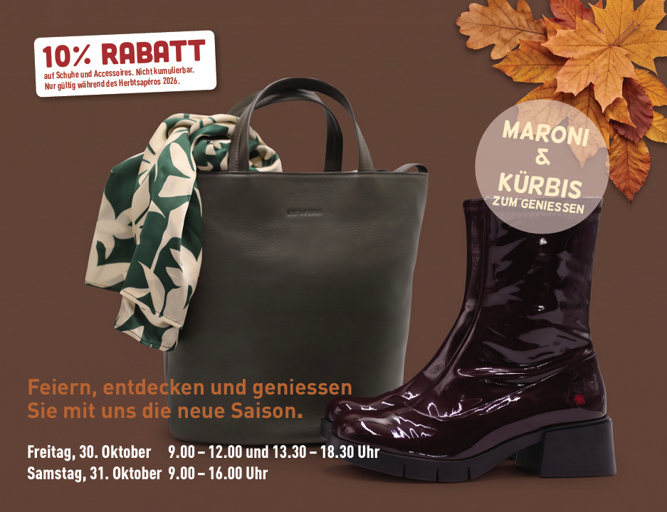 Herbstaktion: 10% Rabatt auf Schuhe & Accessoires – bordeaux Stiefel, grüne Handtasche mit Tuch, Termine 30.–31.10.